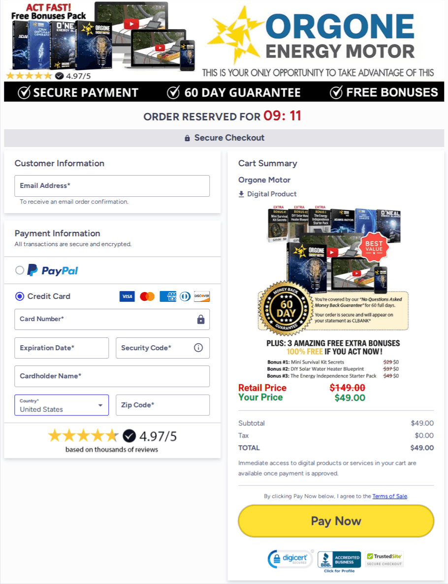 Orgone Energy Motor Checkout Page